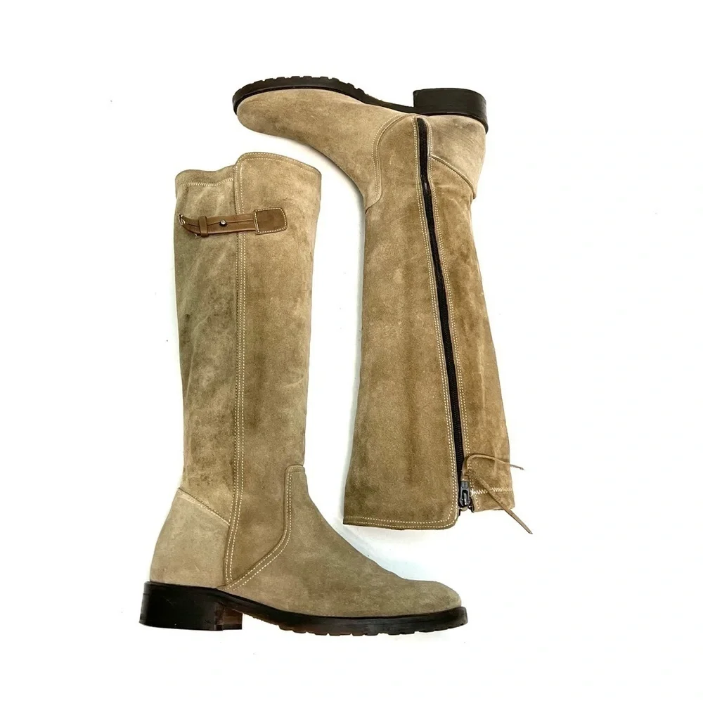 Vintage 1990s women’s tan suede zip up knee high fleece line buckle riding boots